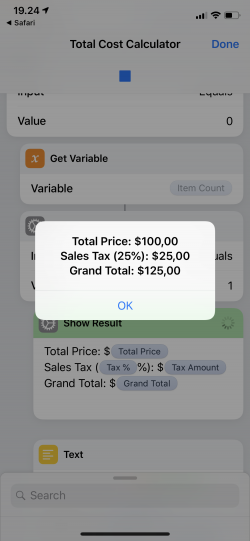 Screenshot for Apple Siri Shortcuts Total Cost Calculator 3