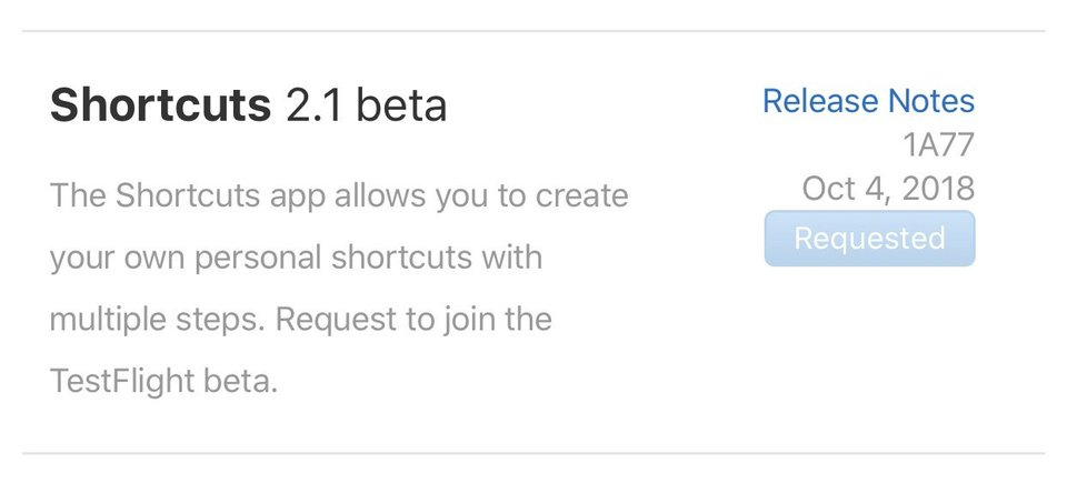 Screenshot of Release Shortcuts app from Apple version 2.1 beta 1 in Testflight