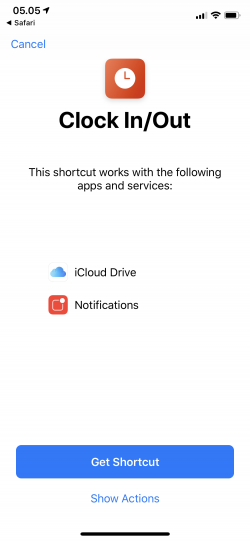 Screenshot for Apple Siri Shortcuts Clock In/Out 1