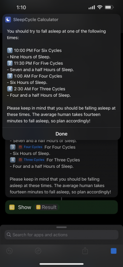 Screenshot for Apple Siri Shortcuts SleepCycle Calculator 2