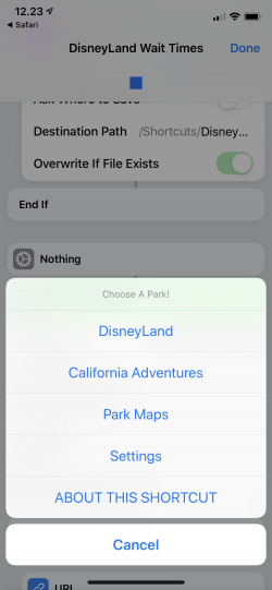 Screenshot for Apple Siri Shortcuts DisneyLand Wait Times 2