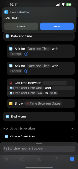 Screenshot for Apple Siri Shortcuts Time Between Dates 1