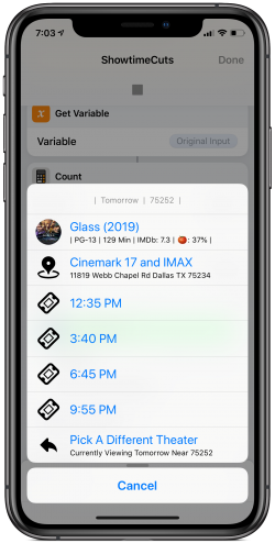 Screenshot for Apple Siri Shortcuts ShowtimeCuts 3